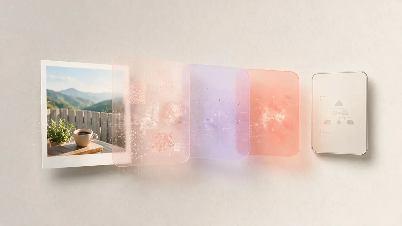 Conceptual illustration of a photograph passing through layered visual signal analysis