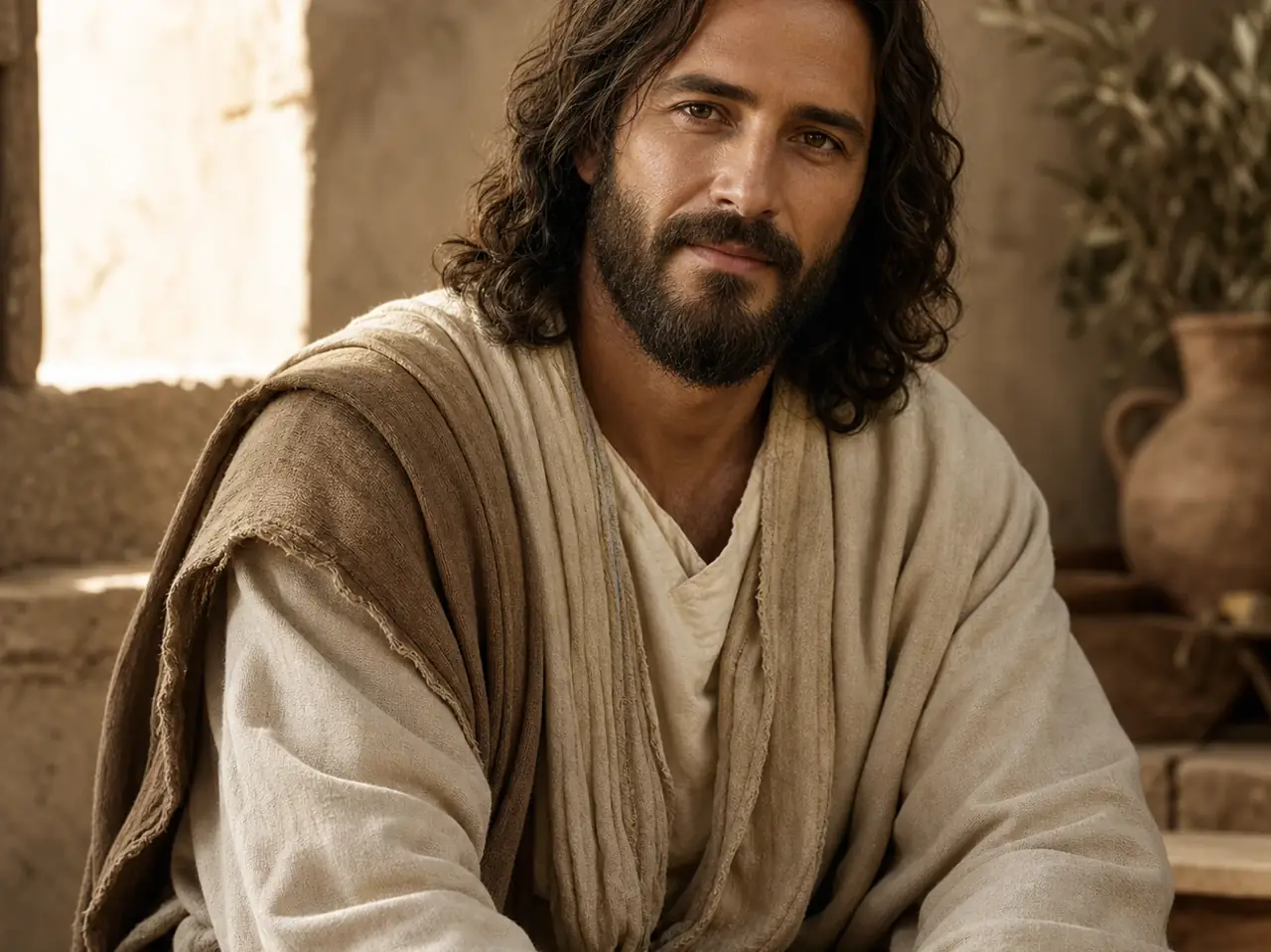 Reverent realistic portrait of Jesus in simple biblical robes and warm natural light