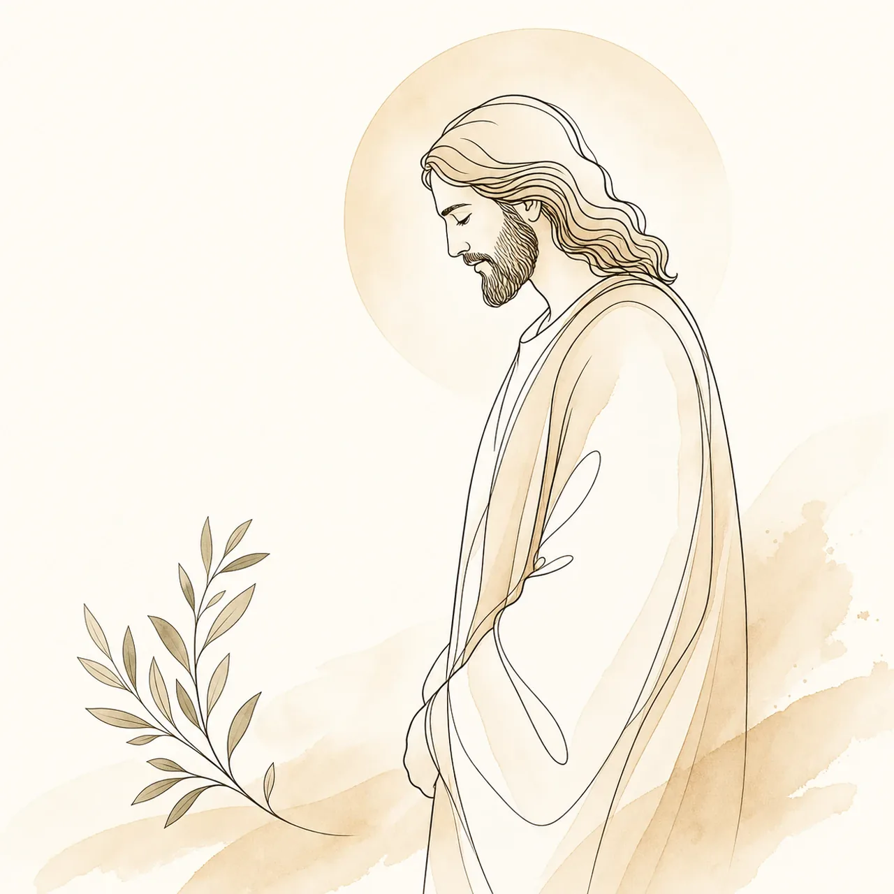 Minimalist devotional line art with soft beige watercolor accents and an olive branch