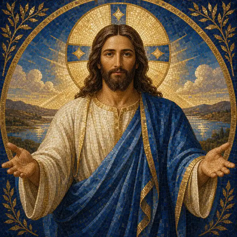 Mosaic-inspired sacred portrait in luminous gold, ivory, and lapis-blue tones