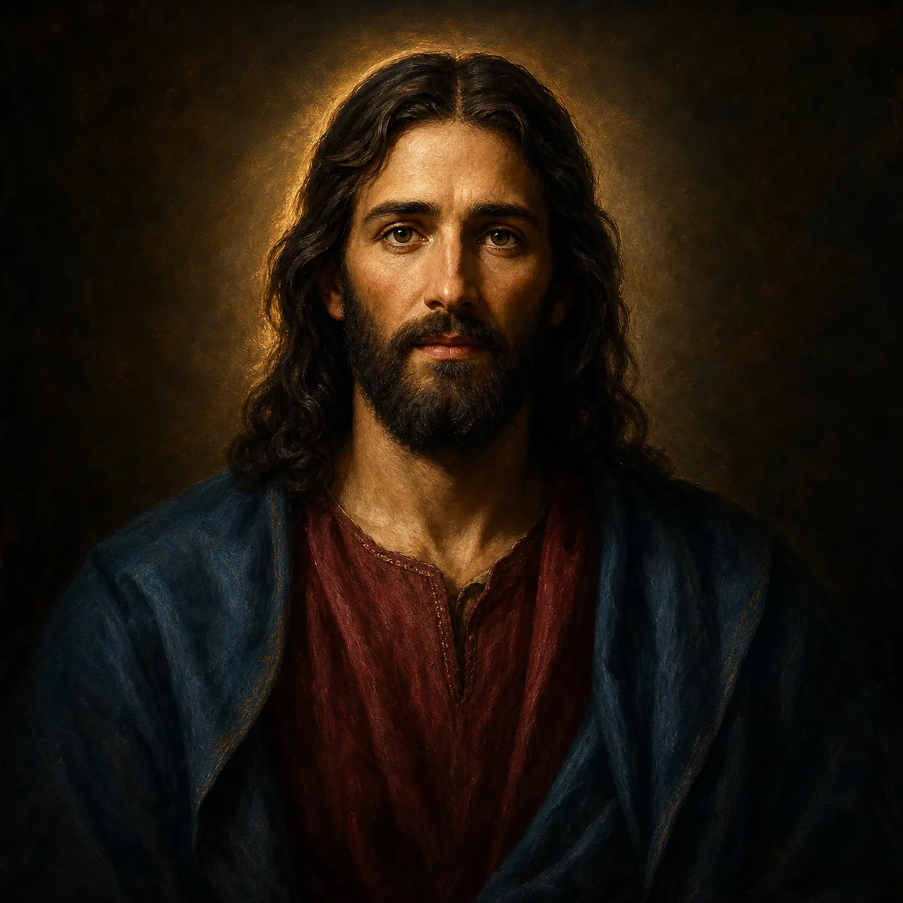 Classical oil-painting portrait with rich brushwork, warm rim light, and a calm gaze