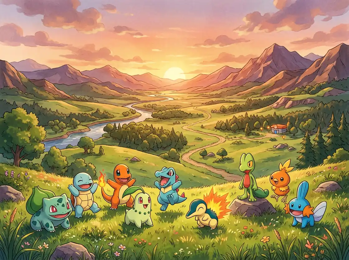 Classic adventure prompt: starter creature trio in a wide valley, nostalgic anime colors, warm sunset edge light, clean clouds, desktop wallpaper composition.