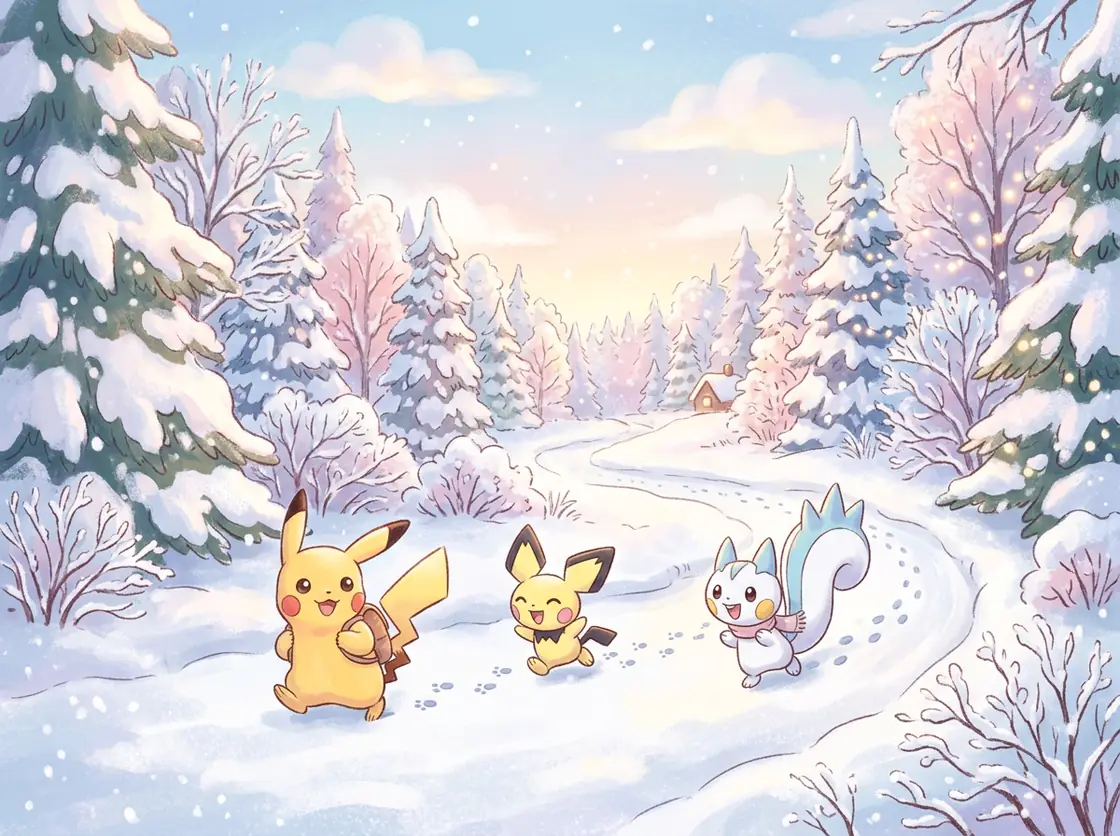 Kawaii snow forest prompt: tiny electric companion, soft pastel snow, cute footprints, warm scarf details, cozy winter daylight, vertical phone wallpaper.