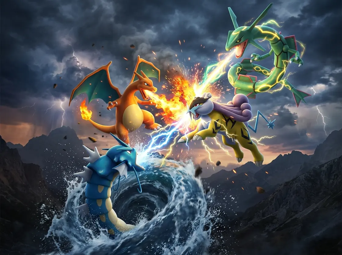 Legendary battle prompt: fire, water, lightning, and dragon-inspired creatures clashing above bright clouds, cinematic energy effects, no text, widescreen wallpaper.