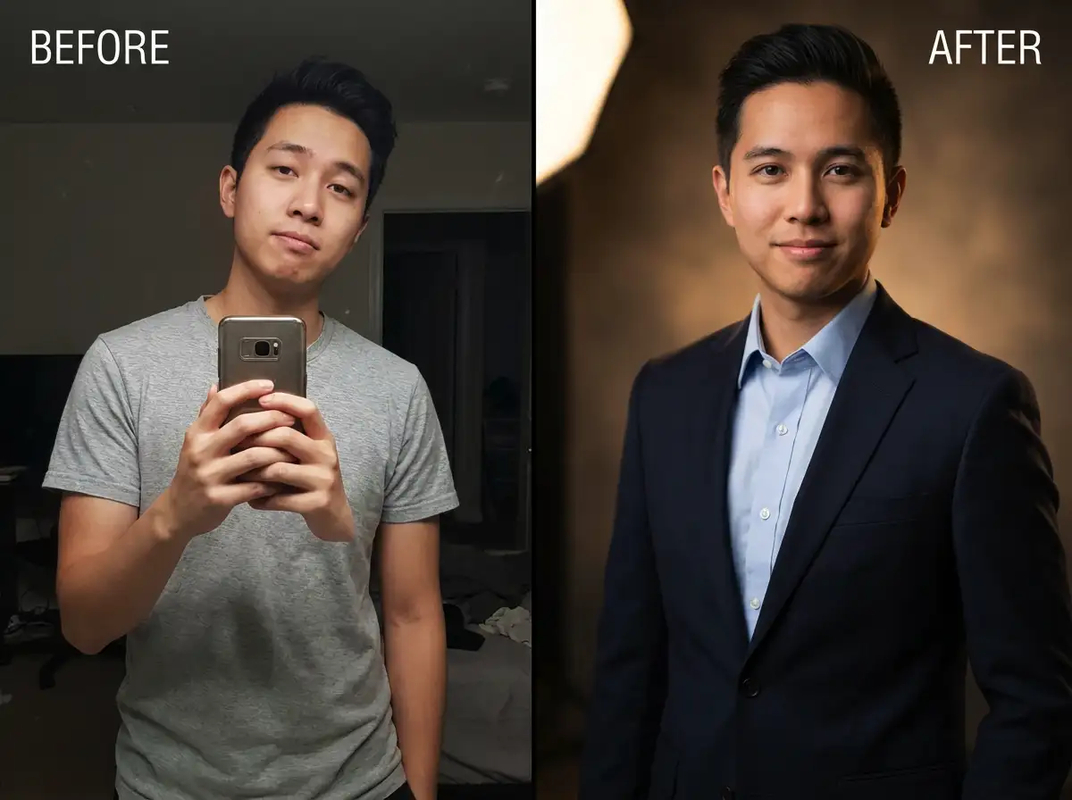 T-shirt selfie → Suit professional photo