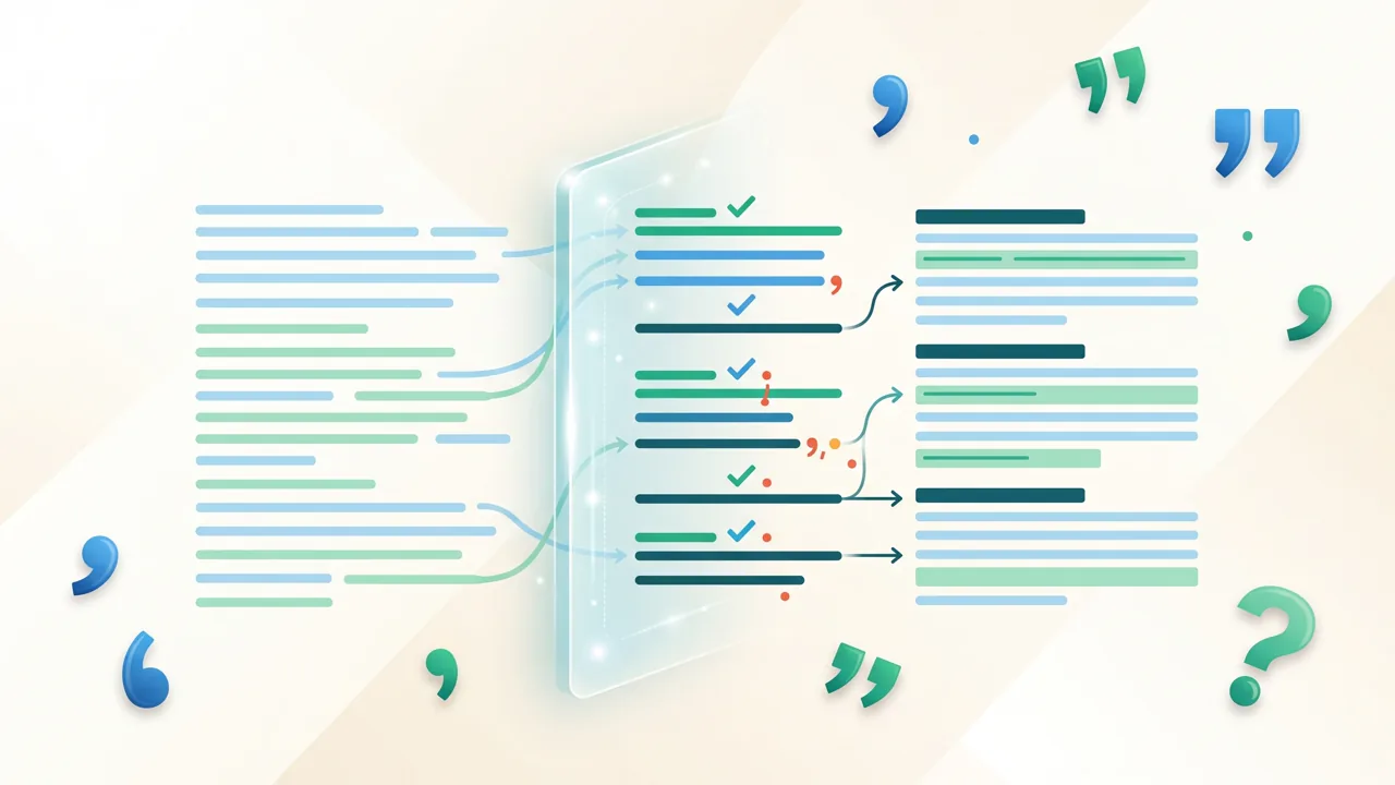 Proofreading interface highlighting corrections in an English document