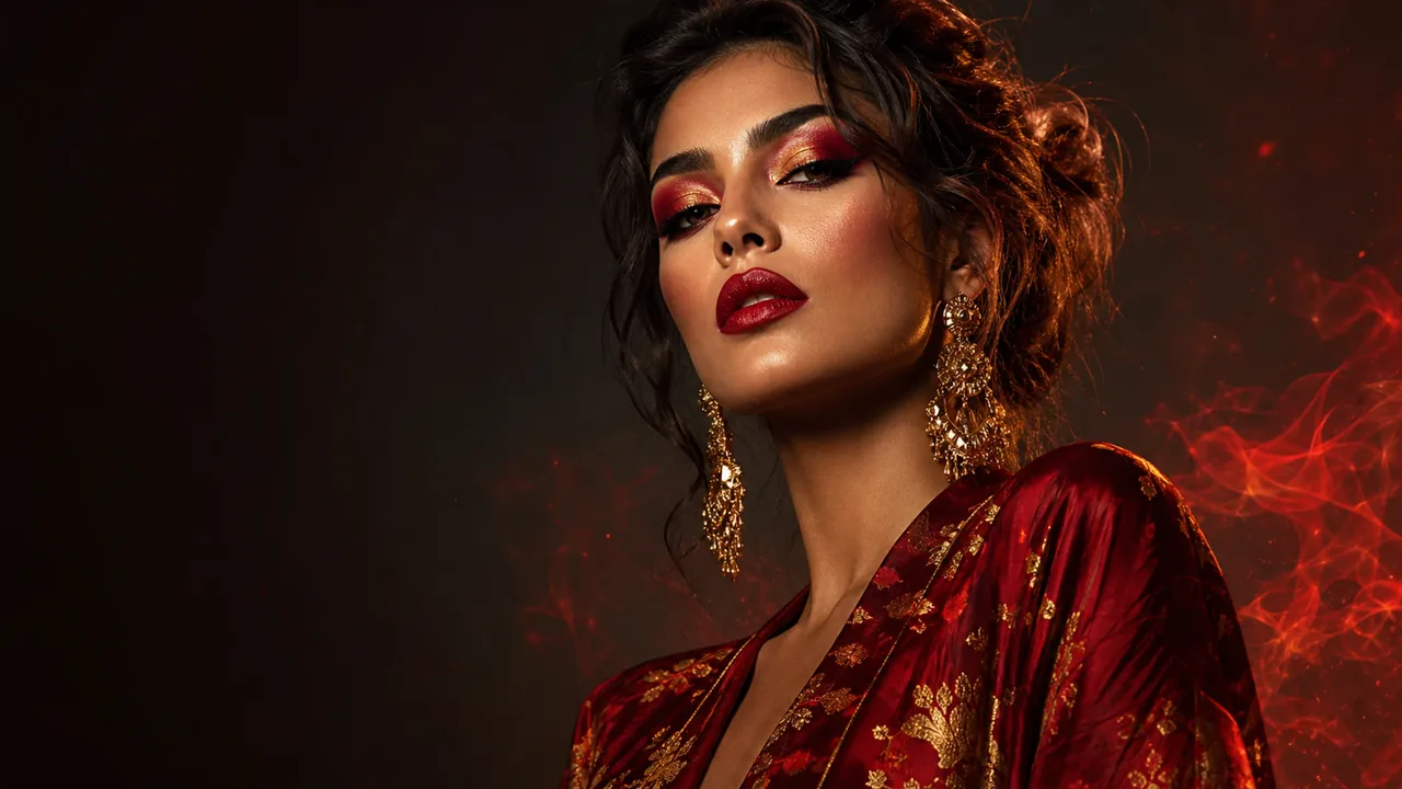 Fiery editorial portrait with red and gold styling created for an AI spicy image generator.