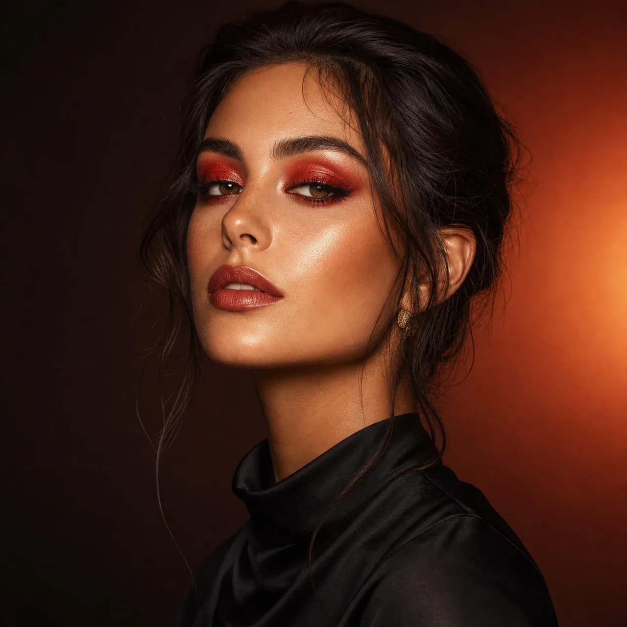 A metallic red beauty portrait with warm highlights, refined makeup detail, and a bold editorial finish.