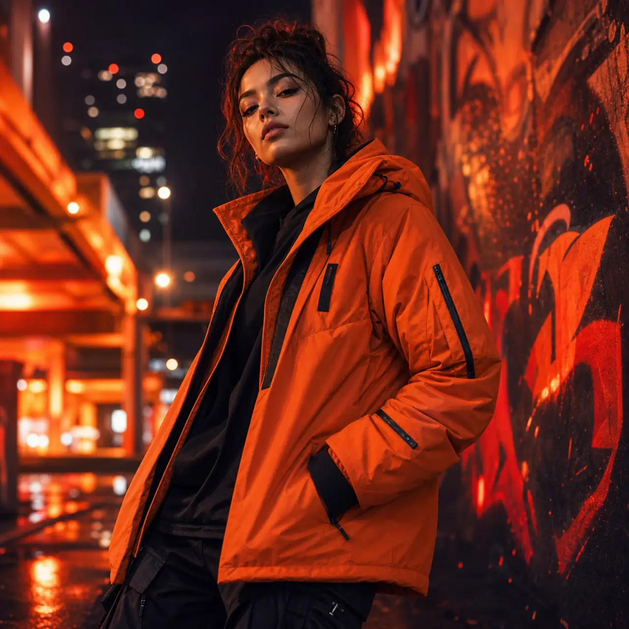 A streetwear creator look with ember lighting, urban night color, and high-impact social media style.
