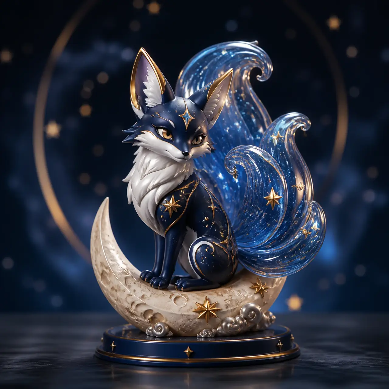 Celestial fox figurine with a translucent starry tail and moon-shaped display base