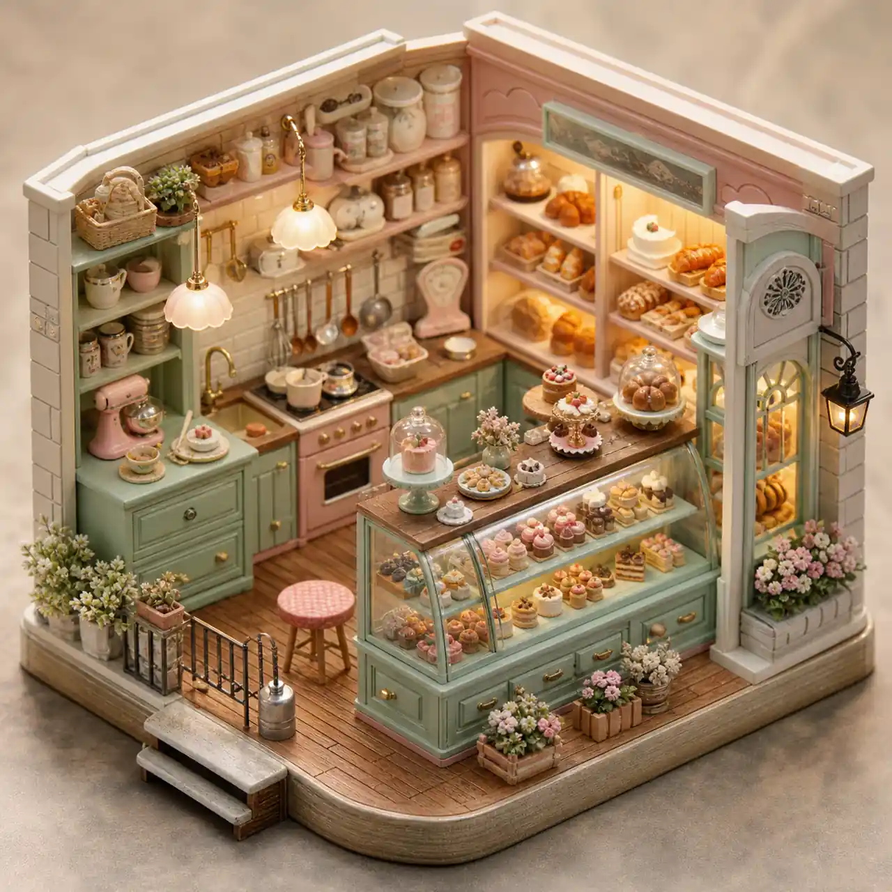 Detailed miniature bakery playset with tiny pastries and a warm handcrafted look