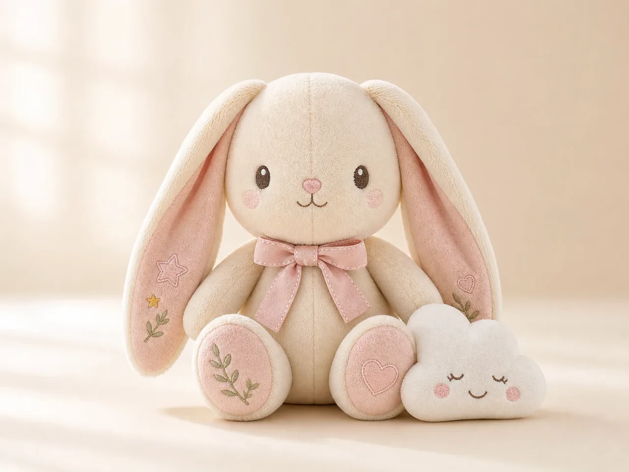 Pastel plush rabbit with embroidered details created with the AI Toy Generator