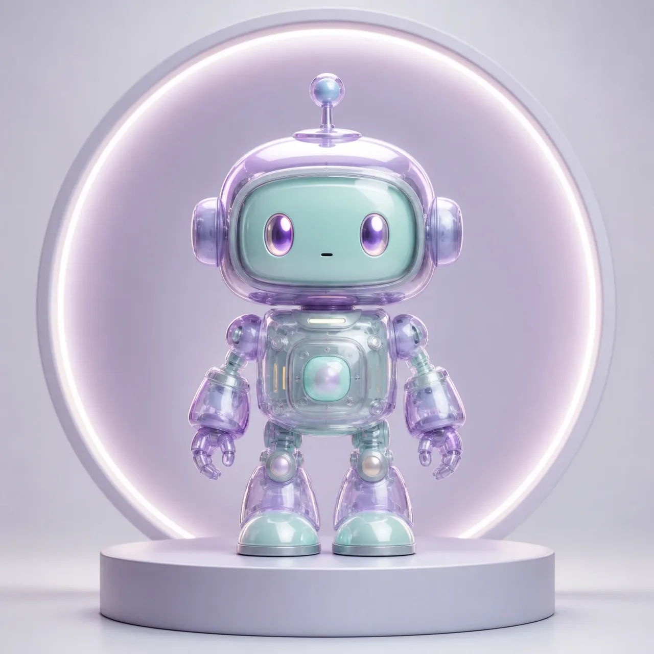 Translucent vinyl robot collectible with a pearlescent mint and lavender finish