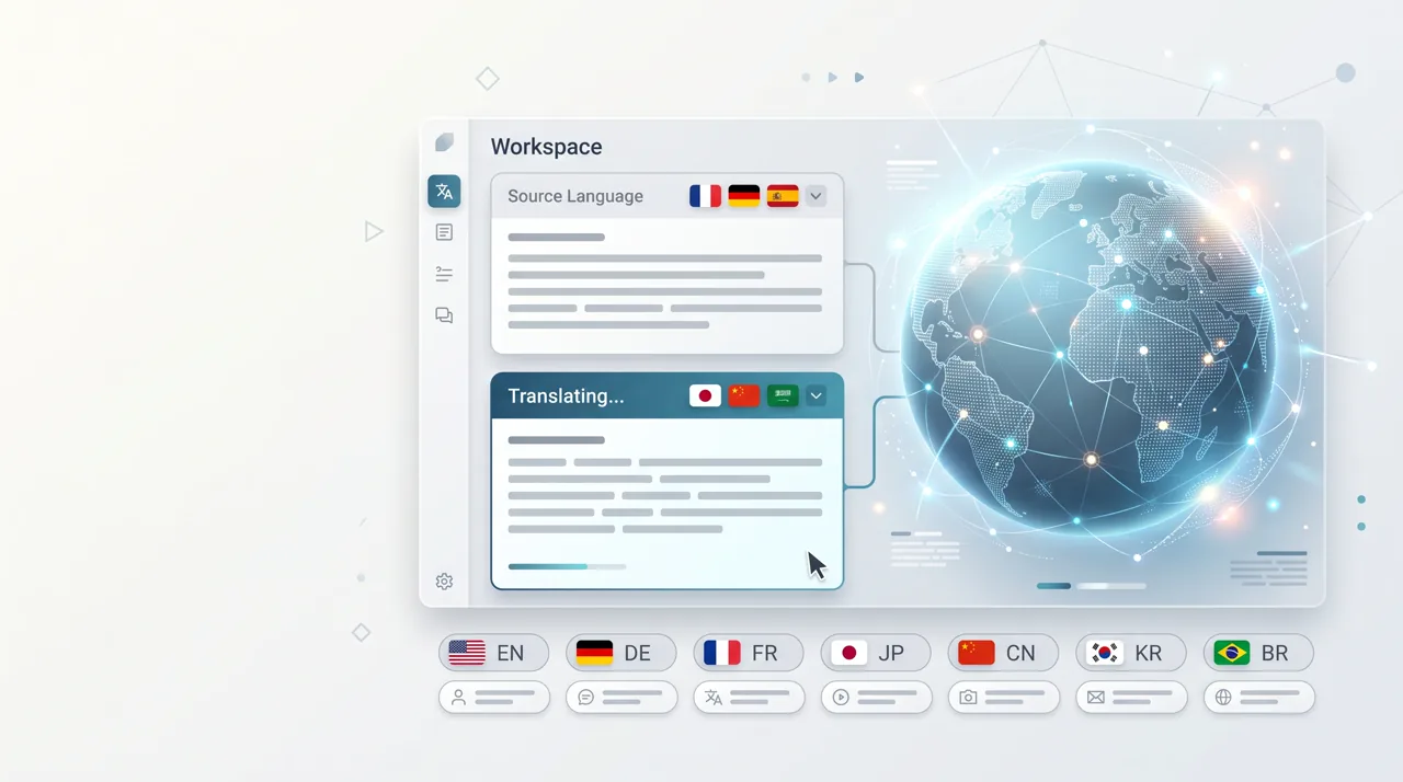 AI translator hero image showing multilingual text translation workspace