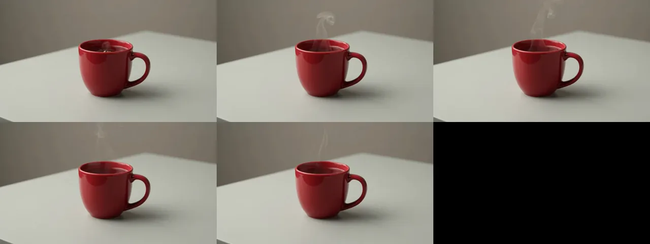 Sampled frames showing a red mug staying still while steam rises in the selected body video