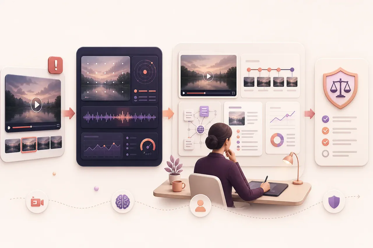 Illustration showing a suspicious video moving through detection signals and then human source and context review