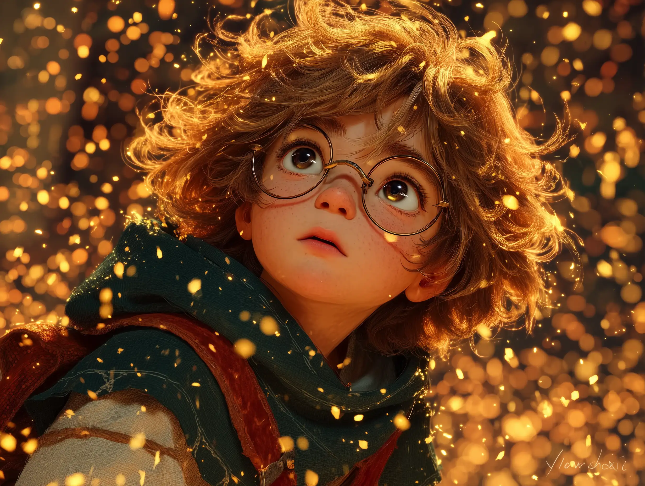 Pixar-style magical girl with sparkly particles around him, small cloak, enchanting expression, warm and soft fantasy lighting, dreamlike atmosphere