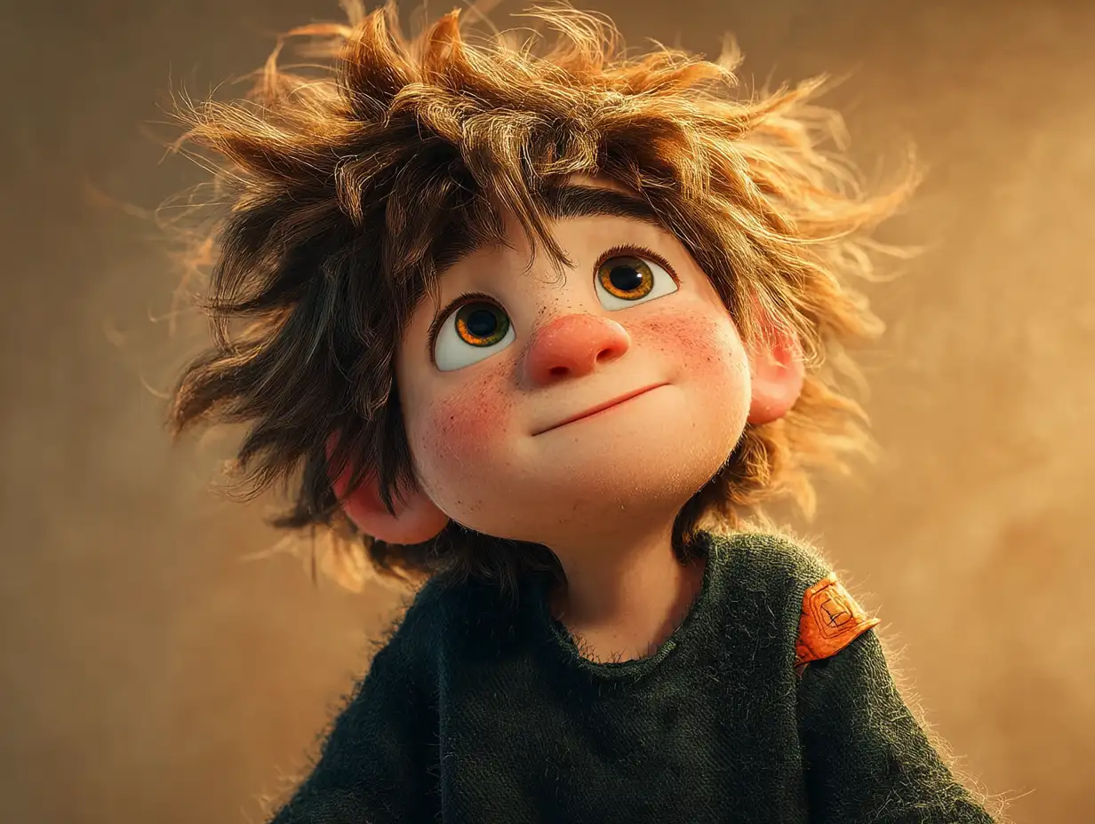 3D Pixar-style boy with gentle smile, soft fluffy hair, warm sunset lighting, subtle blush, tender and wholesome character expression