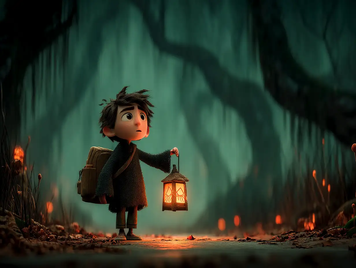 Pixar-style cartoon boy exploring a forest with a lantern, warm cinematic glow, soft fog, lush stylized trees, magical atmosphere, wide-angle composition