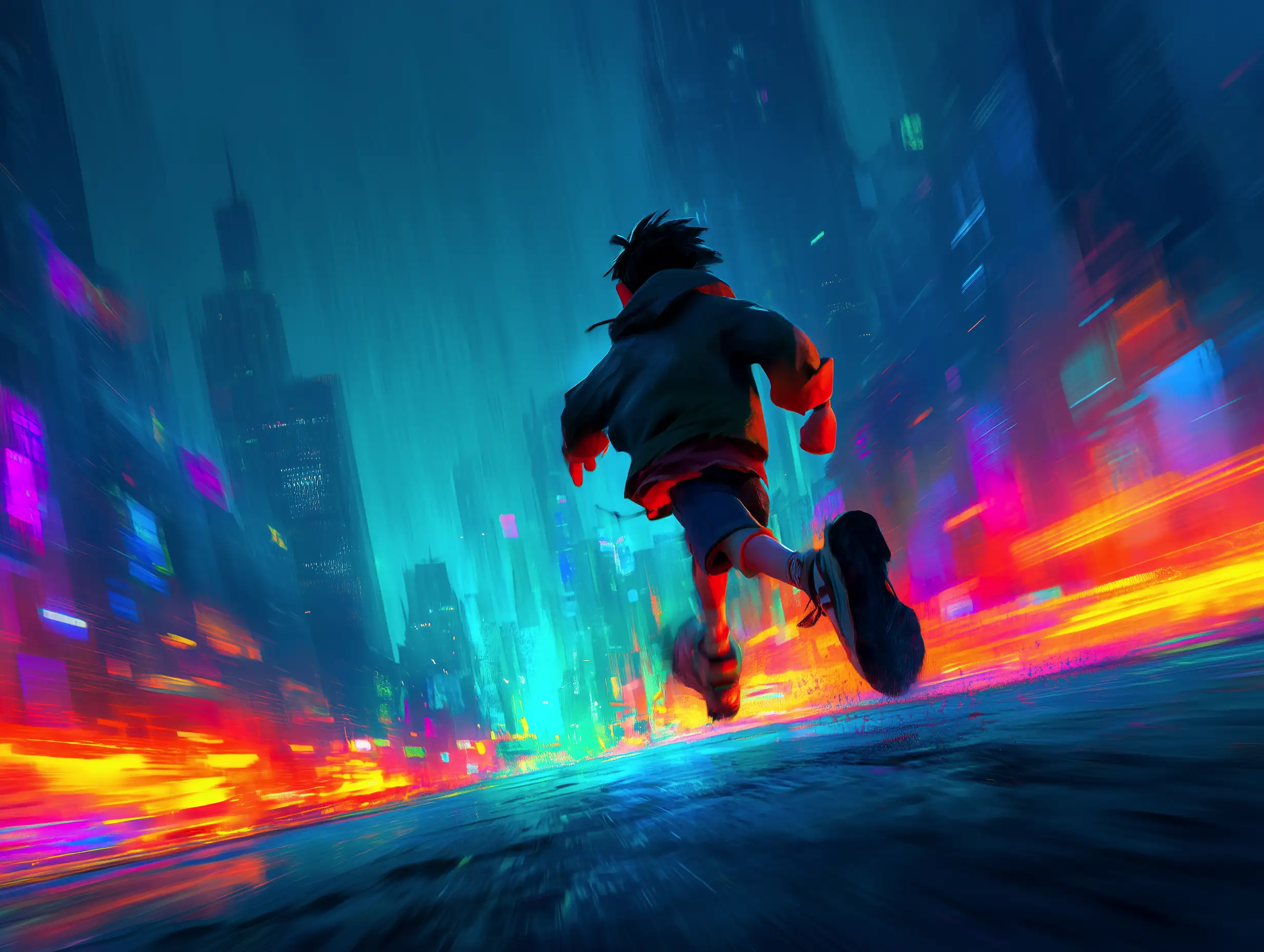 Pixar-style cartoon boy running through a futuristic city, glowing neon lights, dynamic motion blur, cinematic framing, exciting adventure energy