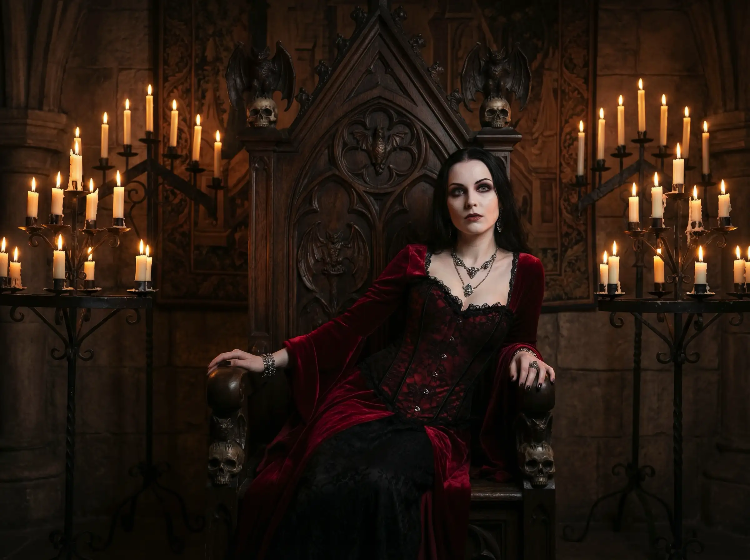 A seductive vampire queen sitting on a gothic throne, wearing a corset dress made of red velvet and lace, pale skin, intense gaze, atmospheric candle lighting, hyper-realism.
