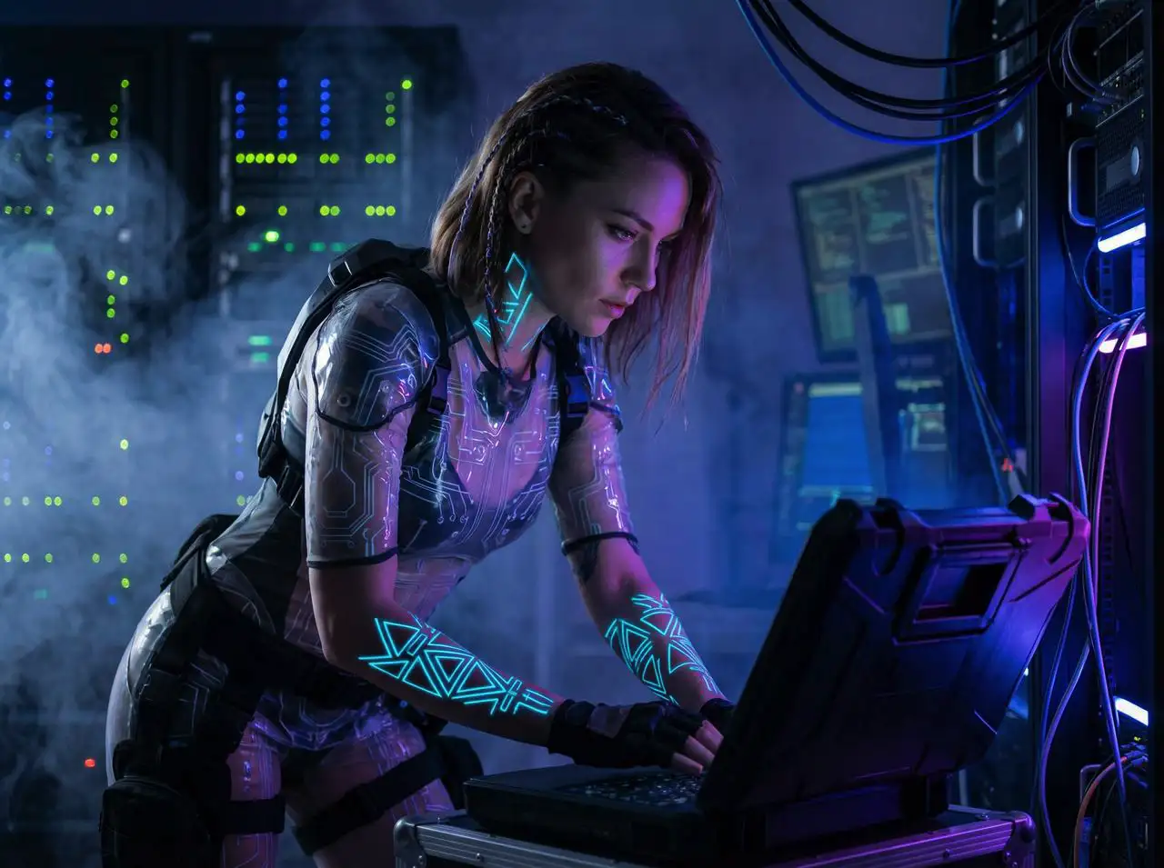 A stunning cyberpunk female hacker, wearing a translucent high-tech bodysuit, neon blue glowing tattoos, sitting in a dark server room, volumetric fog, rim lighting, hyper-realistic face, 8k resolution, Octane render.