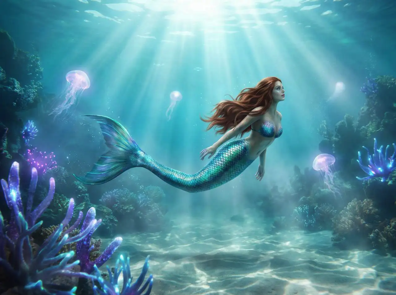 A stunning mermaid underwater, iridescent scales, flowing hair, sunlight filtering through water, bioluminescent plants, dreamlike atmosphere, detailed anatomy, CGSociety trending.