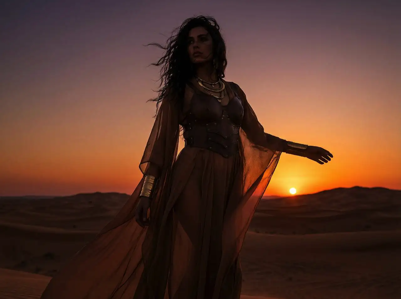 A beautiful exotic woman in desert warrior attire, sheer fabrics blowing in the wind, golden jewelry, sunset lighting, dunes in background, high contrast, sharp details.