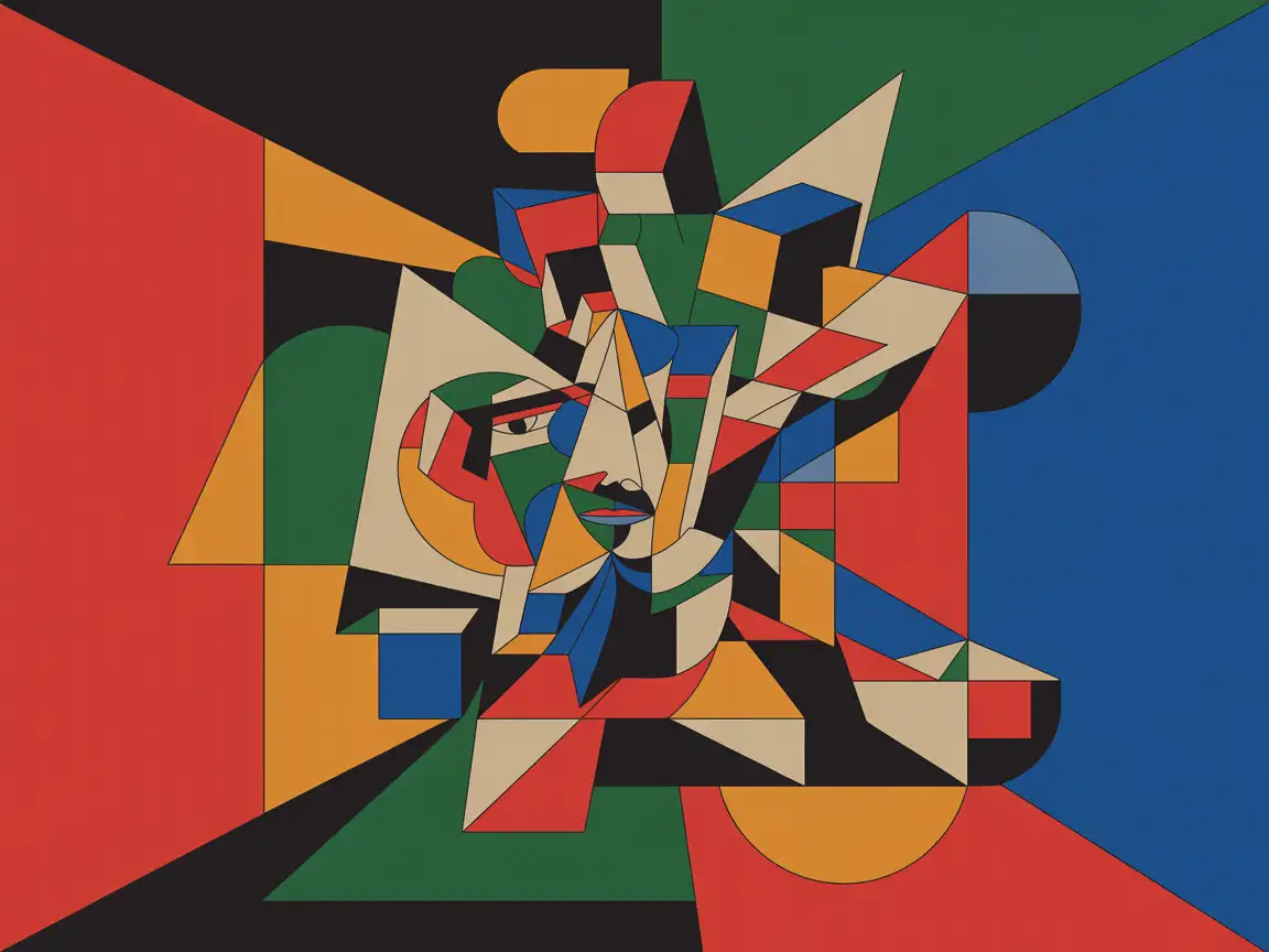 An array of geometric shapes and forms, interlocking and overlapping. Include elements resembling a human face or figure in a fragmented manner, surrounded by various abstract shapes.