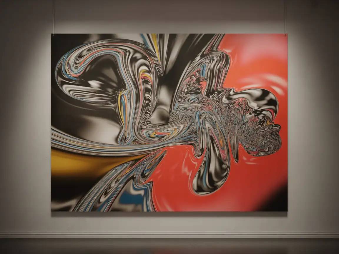 An abstract painting featuring swirling shapes and dynamic patterns created with metallic paint, displaying a range of vivid colors.