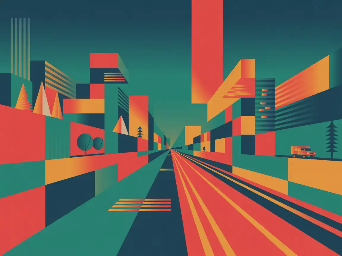 A cityscape composed of colorful geometric blocks, with distinct buildings represented as cubes, rectangles, and pyramids in varied sizes.