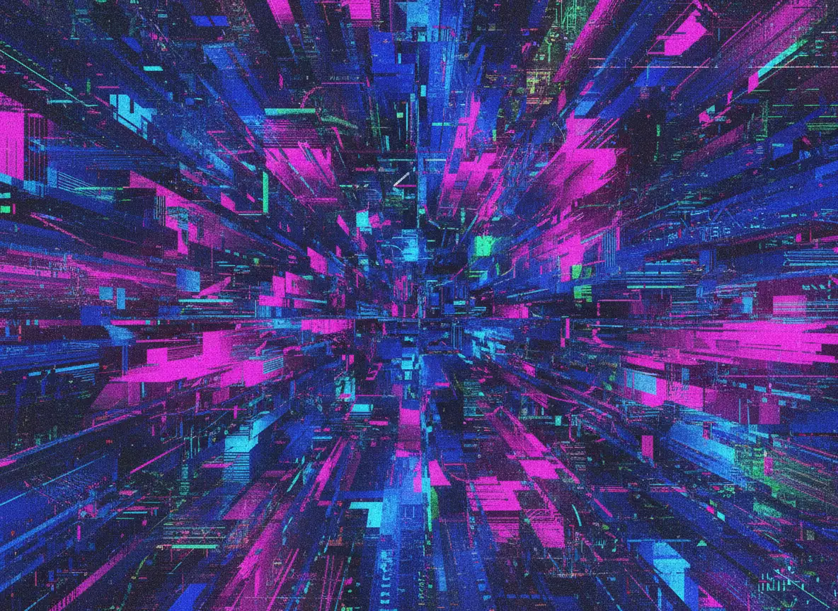 Abstrait art glitch, signaux numériques déformés, éclats cyan et magenta vibrants, esthétique VHS, énergie élevée, texture cyberpunk.