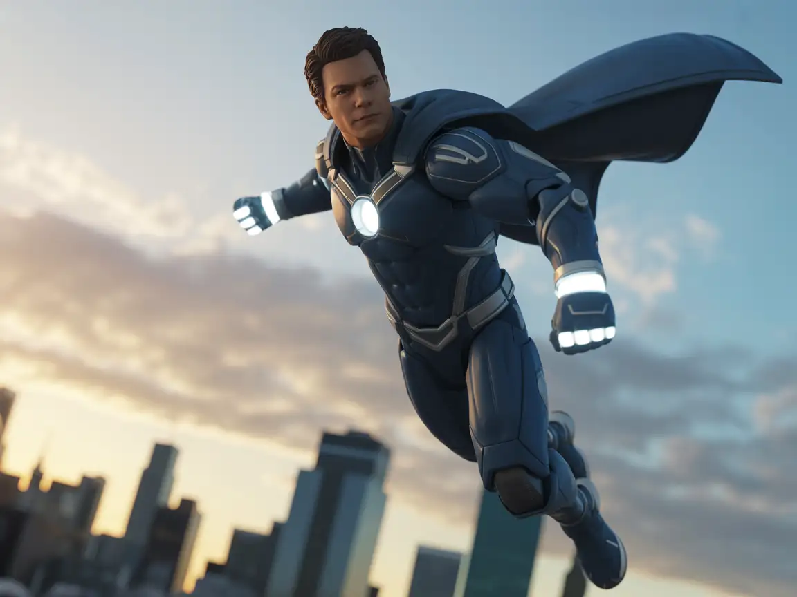 Male superhero with glowing gauntlets, mid-air punch, urban skyline at sunset