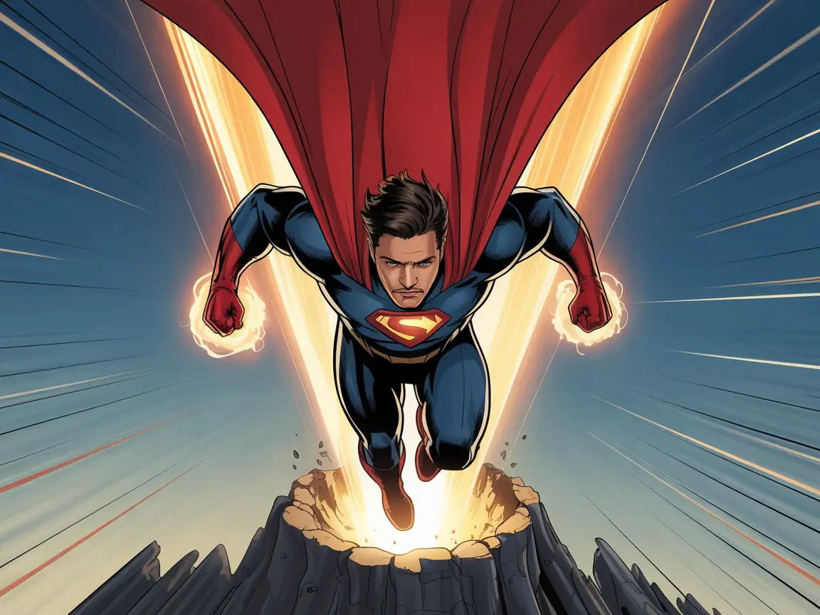 Male hero landing from sky, crater forming under feet, glowing energy