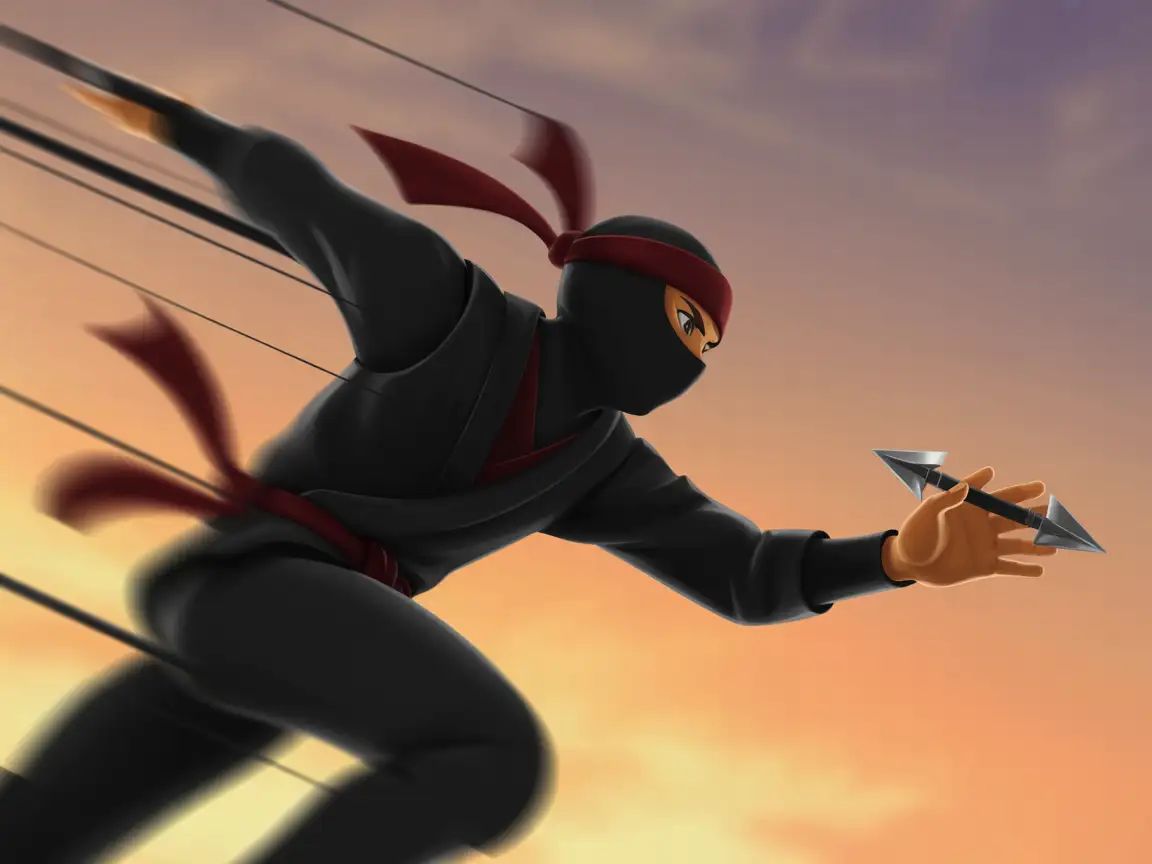 Ninja action figure wall-running, throwing shuriken, sunset sky behind