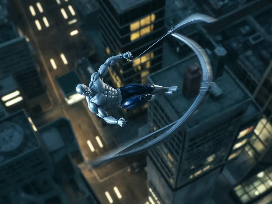  Superhero action figure swinging with grappling hook, city night lights