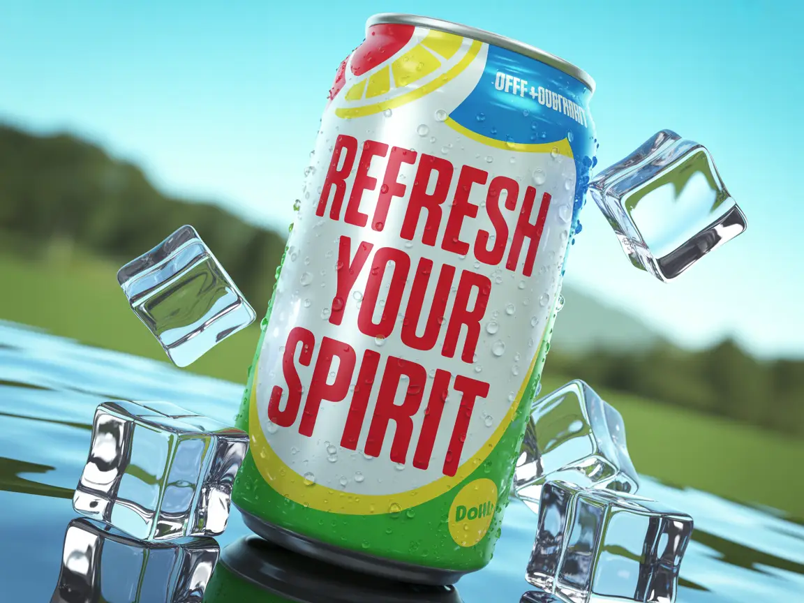 A close-up of a cold soft drink can, glistening with condensation, surrounded by sparkling ice cubes.