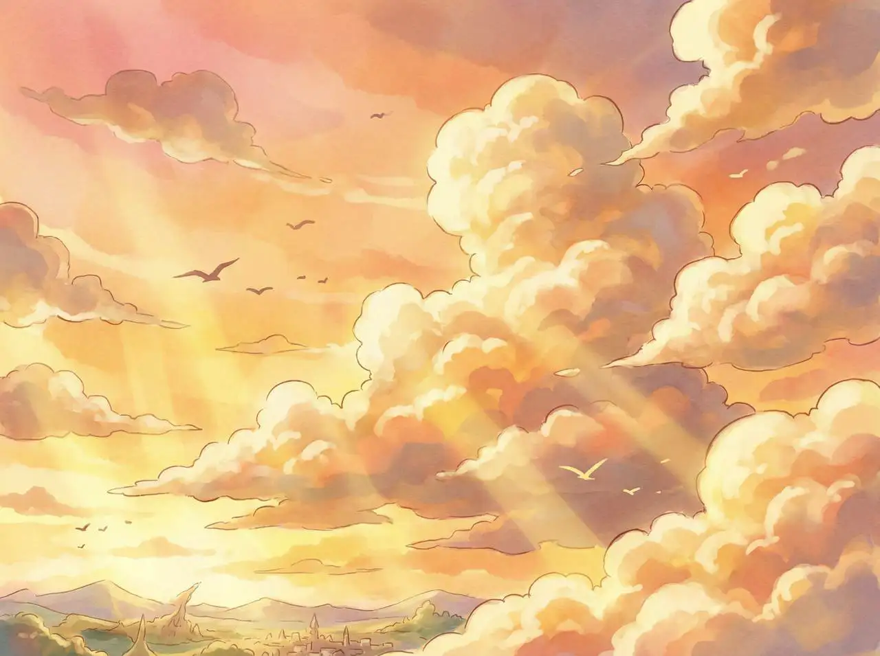 A sky full of cotton-like clouds illuminated by golden-hour light, warm airy anime art.