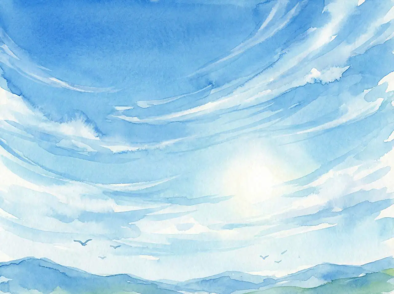 A calm blue sky with thin cirrus clouds and gentle wind streaks, anime watercolor style, bright and serene.