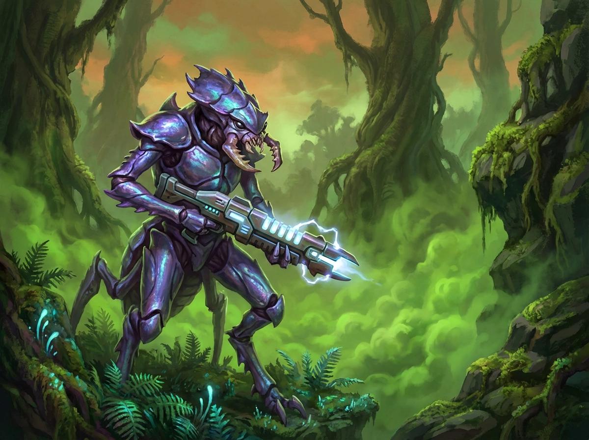Insectoid alien warrior with iridescent chitinous armor, sharp mandibles, holding a plasma weapon, jungle planet atmosphere with toxic green fog, high-detail digital painting.