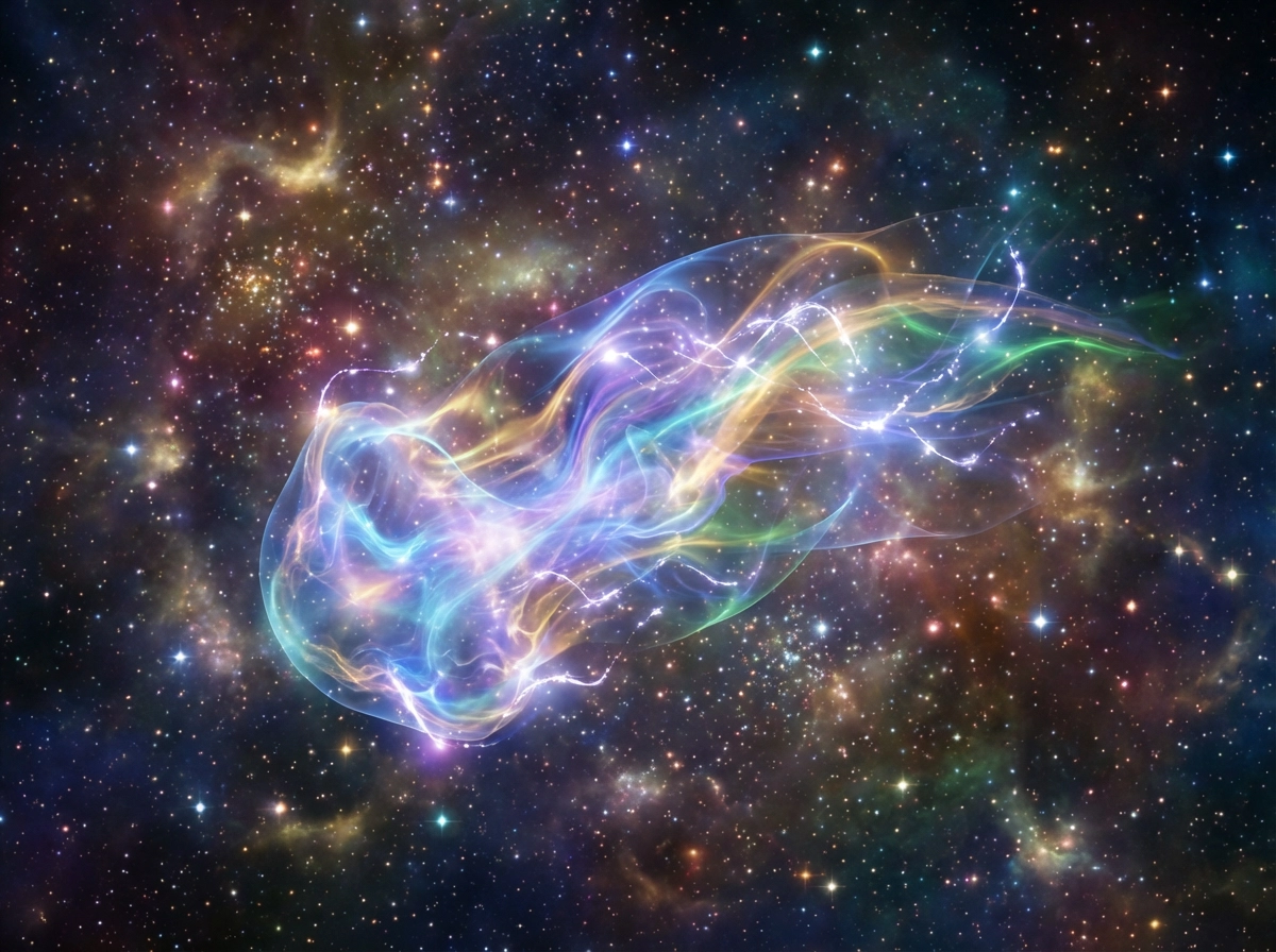 Ethereal energy-based alien lifeform, swirling gaseous body with electric sparks, floating in a star cluster, dreamlike and abstract, vibrant cosmic colors, cinematic atmosphere.