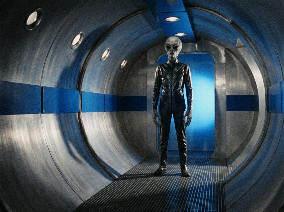 Tall, slender grey alien standing in a high-tech spaceship corridor, sleek metallic walls, dramatic blue backlighting, cinematic film grain, classic "Close Encounters" aesthetic.