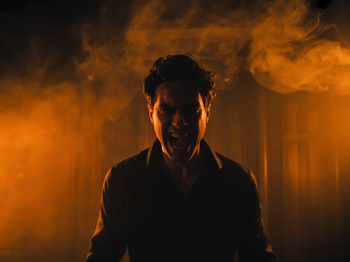 A man standing in a smoky room, furious expression, cinematic orange backlight and dust particles.