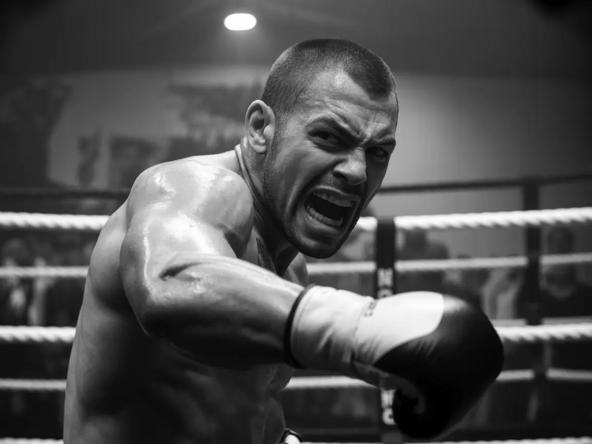 A man punching the air in anger, emotional energy frozen mid-frame, high contrast film tone.