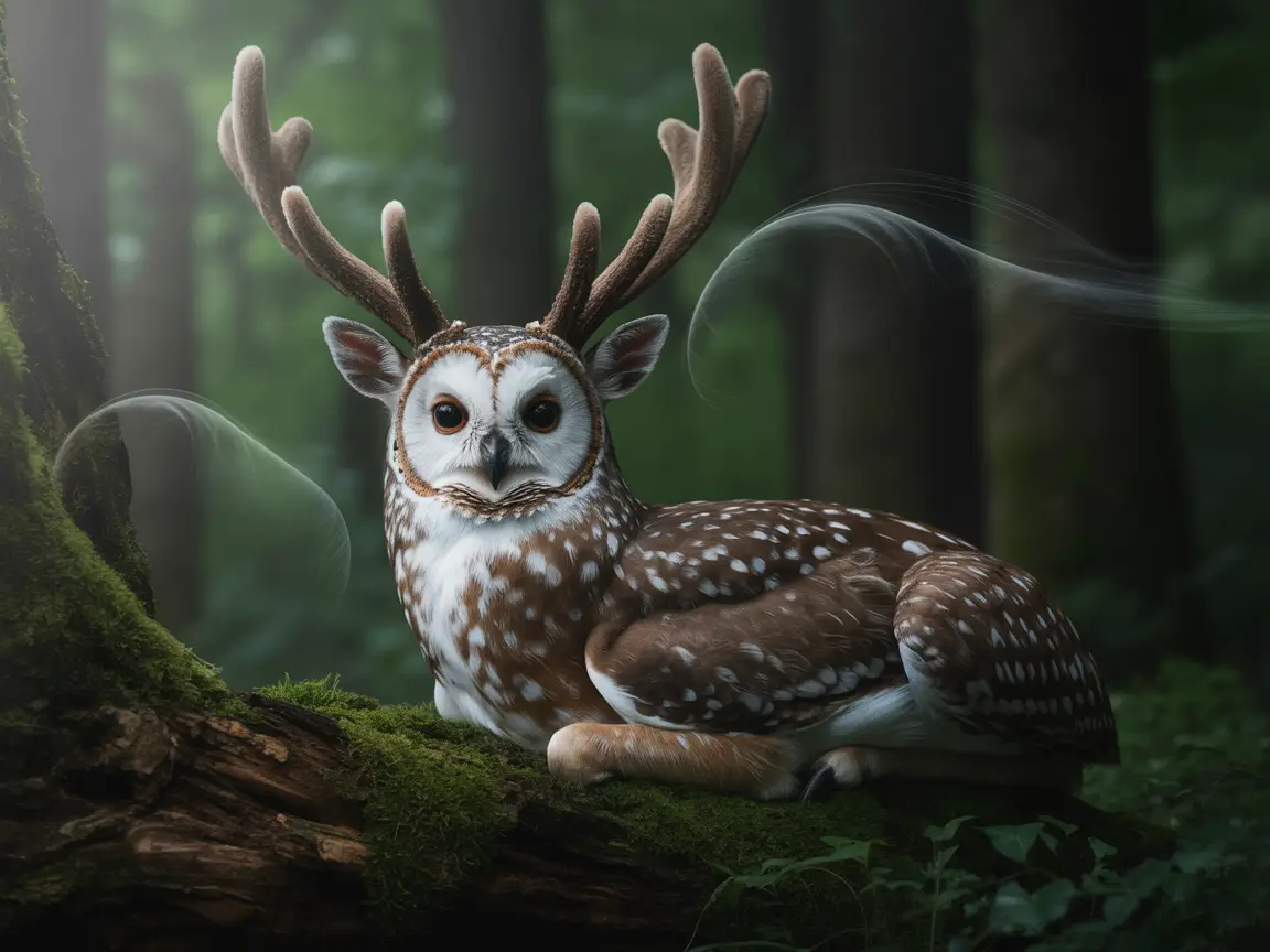 A deer-owl hybrid resting in a misty forest, soft natural light filtering through tall trees, ethereal atmosphere.