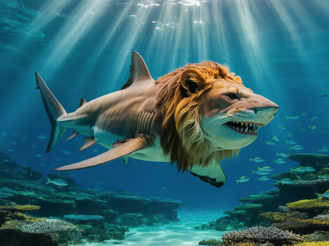 A shark-lion hybrid underwater, blending fur and fins seamlessly, blue ocean light rays piercing through.