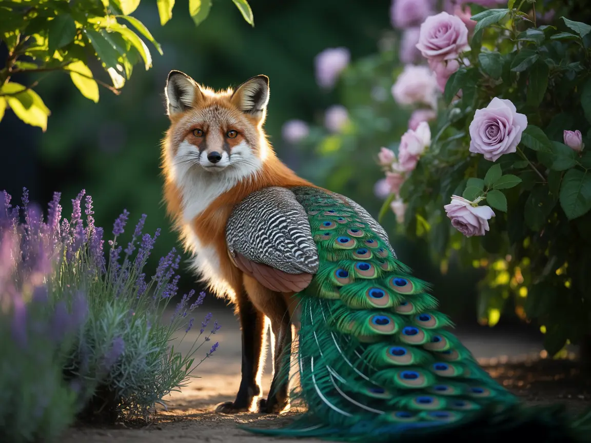 A fox-peacock hybrid with iridescent tail feathers, standing in a lush green garden, shallow depth of field.
