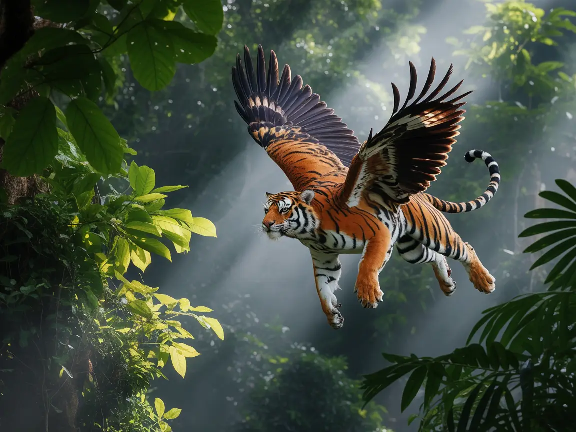 A tiger-eagle hybrid mid-flight over rainforest canopy, sunlight beams cutting through clouds, ultra-realistic composition.