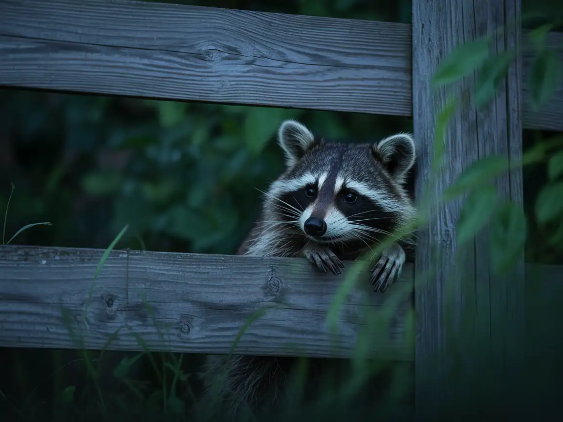 A curious raccoon peeking through a wooden fence at night, soft backlight, natural shadows, high ISO low-light realism.