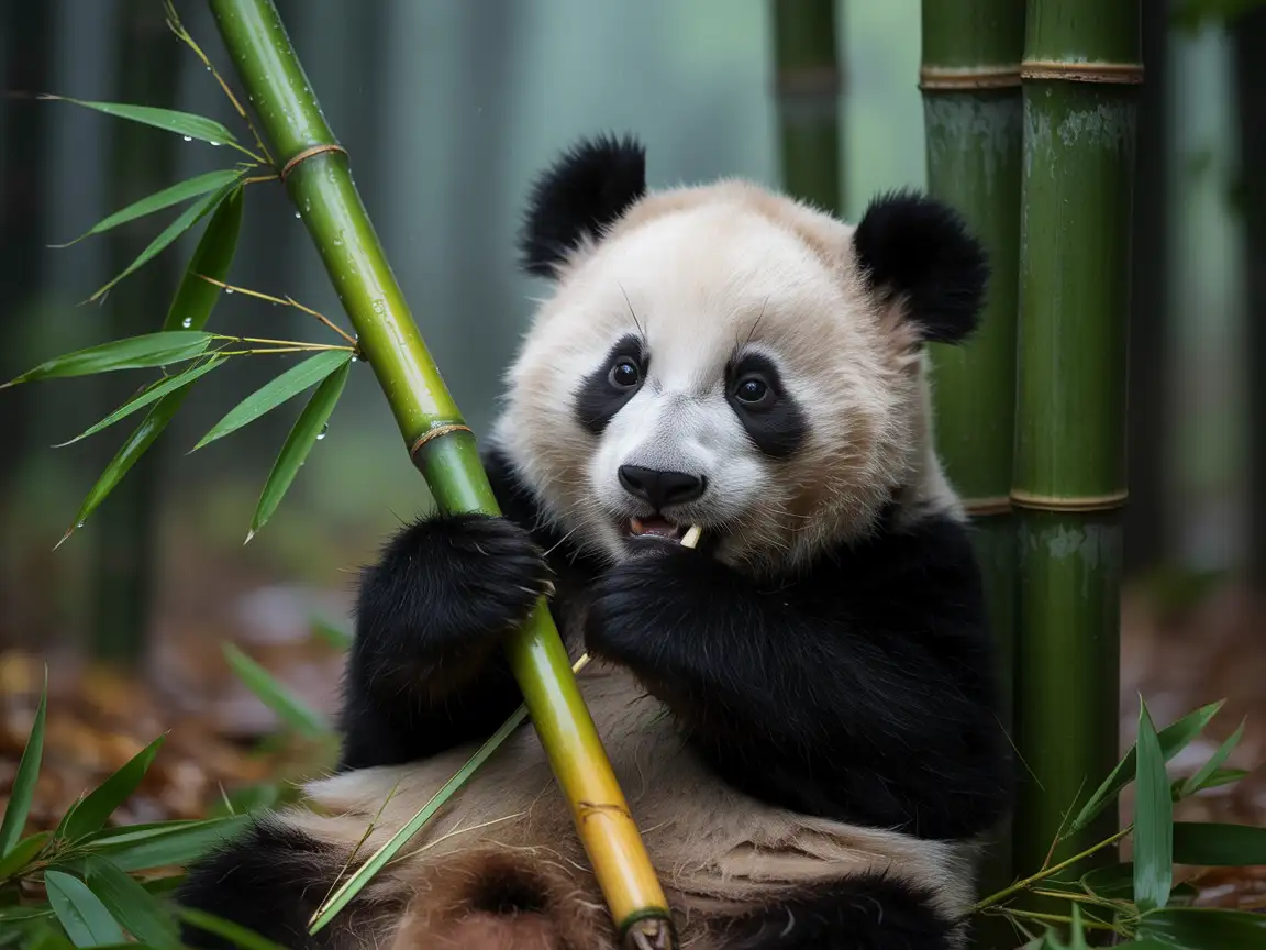 A cute baby panda eating bamboo in a misty bamboo forest, cinematic lighting, soft focus, realistic fur texture.